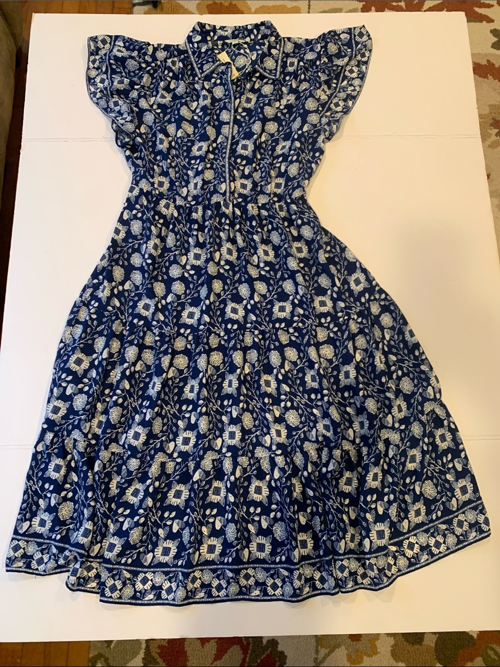NEW Max Studio London Women’s XL Blue White Floral Flutter Sleeve Tiered Dress